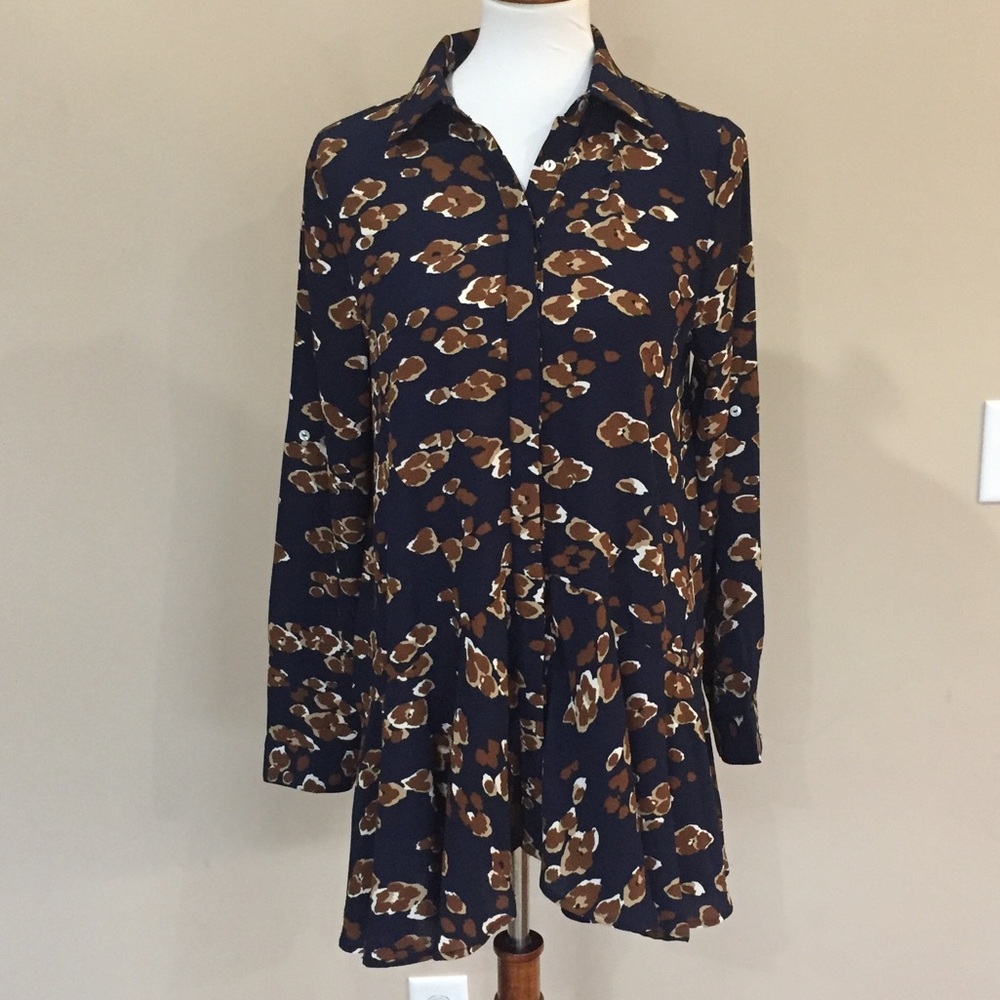 Leopard Print Navy Longsleeve Button Down Blouse